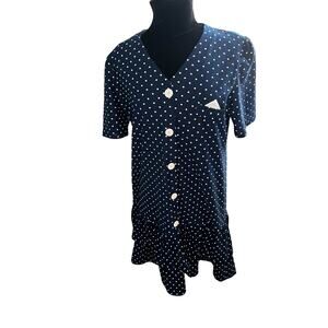 Vintage 70s does 20s Tabby Of California Blue White Polka Dot Ruffle Dress 18/XL
